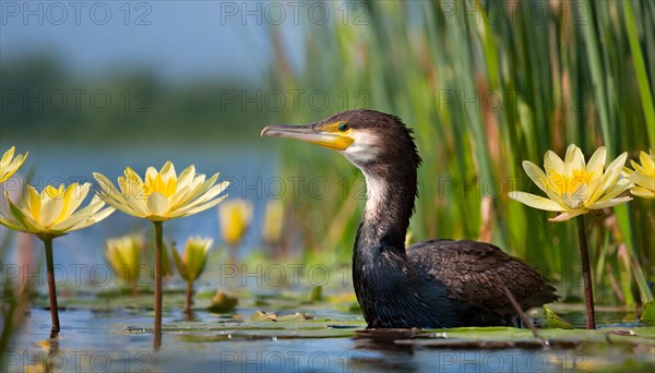 Ai generated, animal, animals, bird, birds, biotope, habitat, an, individual, swims, waters, reeds, water lilies, blue sky, foraging, wildlife, summer, seasons, great cormorant (Phalacrocorax carbo)