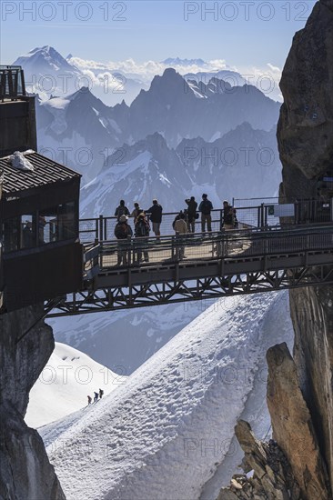 Tourists on viewing platform in front of mountains, mountain station, Aiguille du Midi, Mont Blanc massif, Chamonix, French Alps, France, Europe