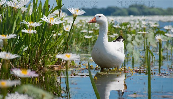 Ai generated, animal, animals, bird, birds, biotope, habitat, a, individual, swims, waters, reeds, water lilies, blue sky, foraging, wildlife, summer, seasons, mute swan (Cygnus olor)