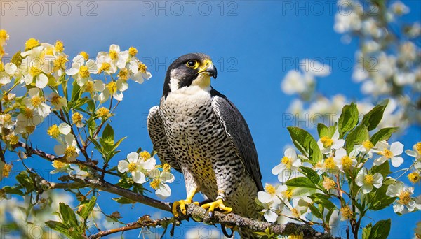 KI generated, animal, animals, bird, birds, biotope, habitat, a, individual, sits, branch, perch, summer, peregrine falcon (Falco peregrinus) flight recording, blue sky, tree blossom, fruit tree, fruit tree blossom