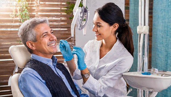 AI generated, dentist treats an attractive older man, senior, seniors, 65, dentist, blonde, 30, 35, years, dental treatment, follow-up, AI generated