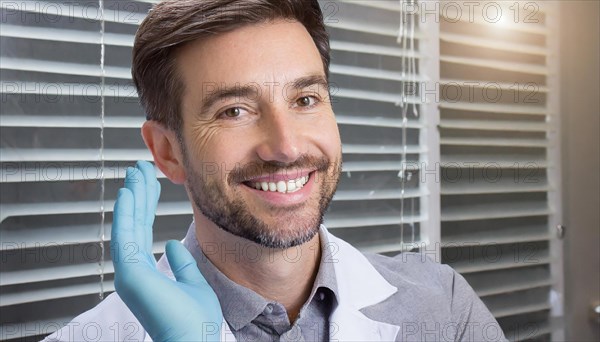 A friendly dentist in his practice, 35, portrait, attractive, attractive, friendly, friendly, profession, professions, AI generated