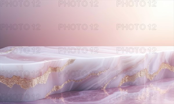 Pink marble podium with shadow of leaves and rose quartz texture background AI generated