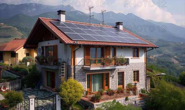 Modern house with solar panels on roof and mountains in the background AI generated