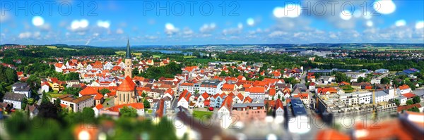 Aerial view of Dingolfing with a view of the historic town centre. Dingolfing, Lower Bavaria, Bavaria, Germany, Europe