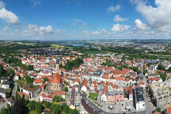 Aerial view of Dingolfing with a view of the historic town centre. Dingolfing, Lower Bavaria, Bavaria, Germany, Europe