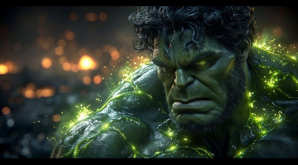 Brooding Hulk radiating green energy with dynamic light effects around him, AI generated