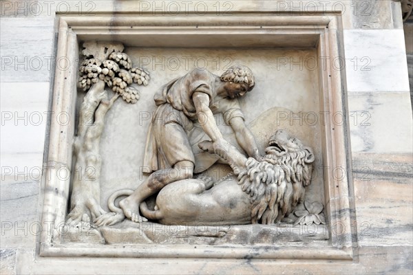 Relief, exterior facade of Milan Cathedral, Duomo, start of construction 1386, completion 1858, Milan, Milano, Lombardy, Italy, Europe