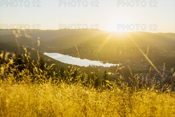 View from Hochfirst to Titisee and Feldberg, sunset, near Neustadt, Black Forest, Baden-Wuerttemberg, Germany, Europe