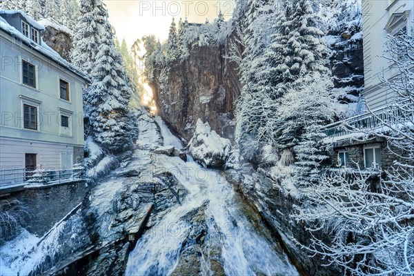 Snow-covered waterfall of the Gasteiner Ache, Bad Gastein, Gastein Valley, Hohe Tauern National Park, Salzburg Province, Austria, Europe