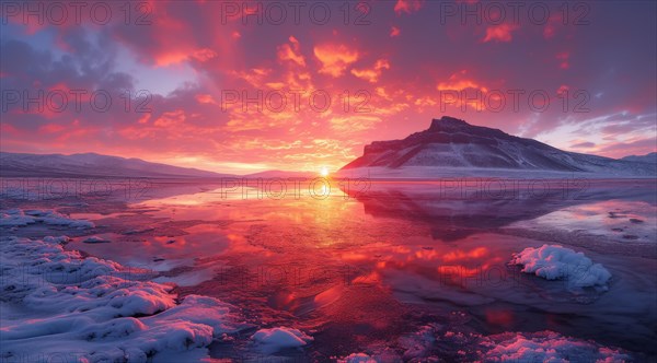 Purple and red sunset over a tranquil icy landscape with snow, ai generated, AI generated