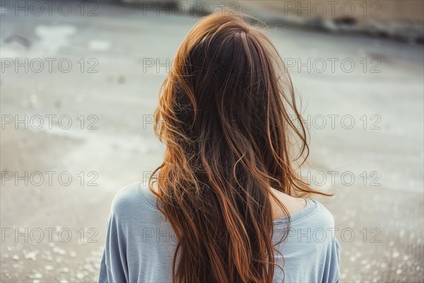 Young woman with red hair looking at the street, symbolic image for depression and abuse, AI generated, AI generated