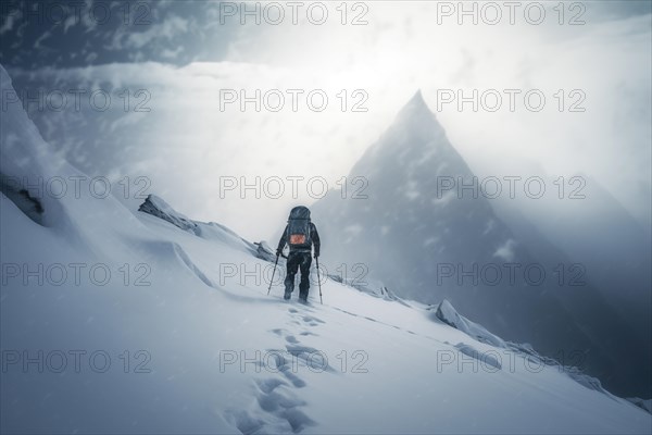 A mountaineer in mountains approaching a majestic snowy mountain peak amidst a snowfall and snow storm. Solitude and determination, adventure and challenge of climbing in extreme conditions, AI generated