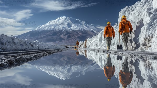 Lithium mining in a white salt lake in South America, AI generated