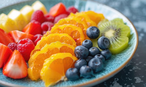 Healthy fresh fruit salad in a plate on a white table AI generated