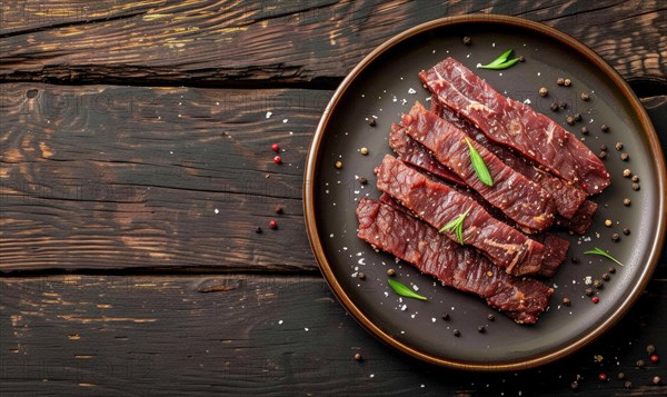 Beef jerky with spices and herbs on black background, top view, space for text AI generated