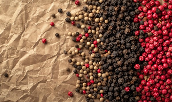 Black, pink and white peppercorns on crumpled paper AI generated