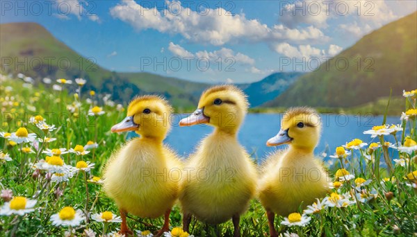 KI generated, animal, animals, bird, birds, biotope, habitat, one, single animal, foraging, wildlife, duck, ducks, domestic duck, female, (Anas platyrhynchos) white, white, yellow ducklings, young animals, animal children, two, three, four, white duck mother with yellow chicks, excursion, water, meadow, grass, spring, summer, flowers, pond, swimming, sitting, farm animal, domestic animal