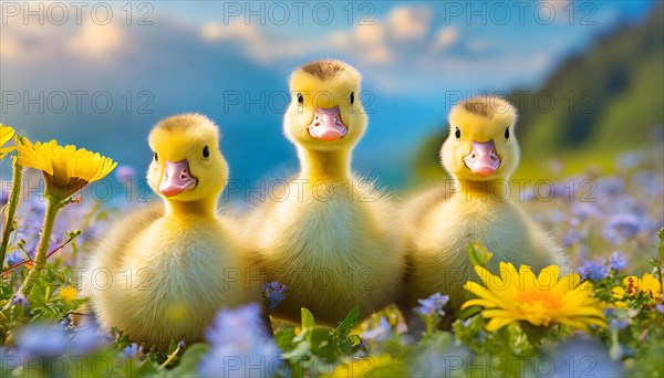 AI generated, animal, animals, bird, birds, biotope, habitat, one, individual, foraging, wildlife, goose, domestic goose, domestic geese, (Anser anser), female, gosling, gosling, yellow gosling, swim, pond, body of water, water, lie, meadow, flowers, summer, two, three, four, pet, domestic animals, farm animal, farm animals