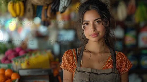 Young Mexican woman at her local fruit and vegetable store in a market, AI generated