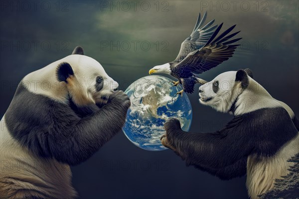 Two pandas and a bald eagle fighting over a globe, symbolising the cultural, ideological and economic domination of the world between China and the USA, AI generated, AI generated
