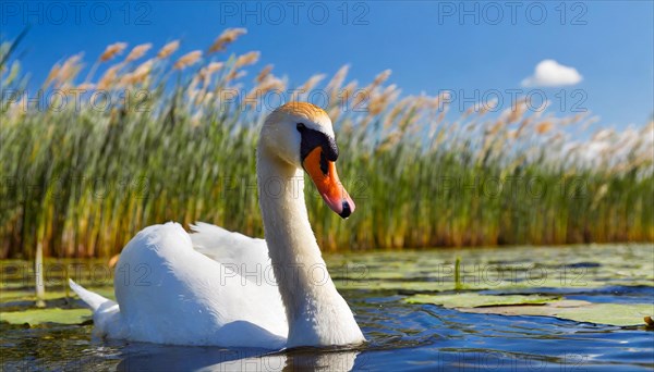 Ai generated, animal, animals, bird, birds, biotope, habitat, one, individual, swims, waters, reeds, water lilies, blue sky, foraging, wildlife, white, white swan, swans, mute swan (Cygnus olor), summer, seasons, sideways