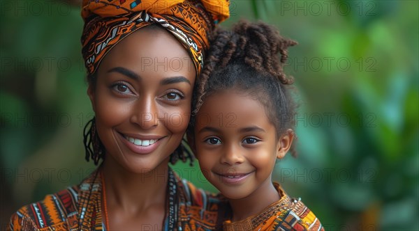 A mother and young daughter in matching African print clothing share a close and happy moment together, ai generated, AI generated