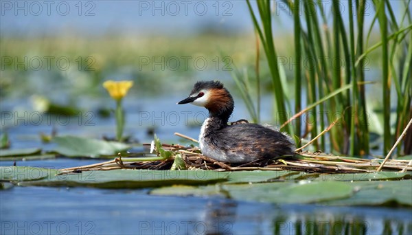 Ai generated, animal, animals, bird, birds, biotope, habitat, a, individual, swims, waters, reeds, blue sky, foraging, wildlife, water lilies, summer, seasons, red-necked grebe (Podiceps grisegena), sits, nest, Europe, juvenile