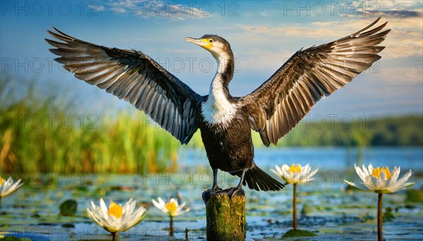 Ai generated, animal, animals, bird, birds, biotope, habitat, a, single animal, stands on pole, waters, reeds, water lilies, blue sky, foraging, wildlife, summer, seasons, great cormorant (Phalacrocorax carbo), dries its plumage, spreads its wings
