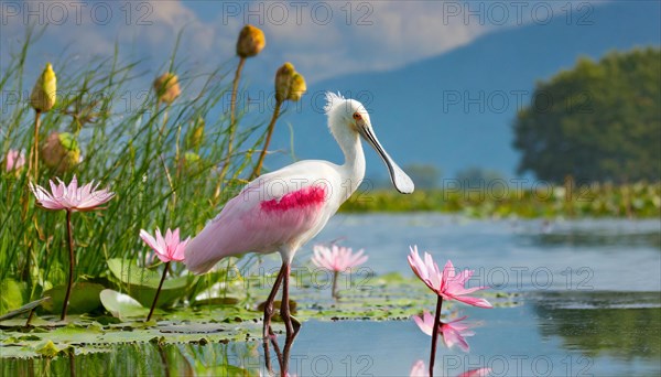 Ai generated, animal, animals, bird, birds, biotope, habitat, one, individual, swims, waters, reeds, water lilies, blue sky, foraging, wildlife, summer, seasons, spoonbill, roseate spoonbill, (Platalea ajaja, Syn: Ajaja ajaja), occurrence: Texas and Louisiana