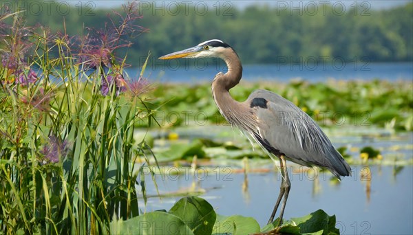 KI generated, animal, animals, bird, birds, biotope, habitat, one, individual, water, reed, winter, snow, blue sky, foraging, wildlife, seasons, heron, little blue heron (Egretta caerulea), Florida, Mexico, Central America