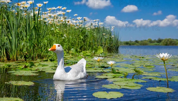 Ai generated, animal, animals, bird, birds, biotope, habitat, a, individual, swims, waters, reeds, water lilies, blue sky, foraging, wildlife, summer, seasons, domestic goose