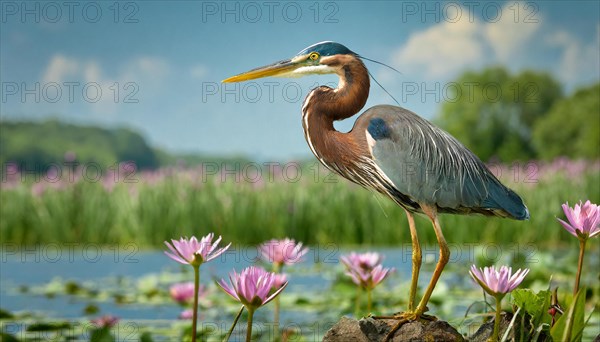 Ai generated, animal, animals, bird, birds, biotope, habitat, a, individual, swims, waters, reeds, water lilies, blue sky, foraging, wildlife, summer, seasons, purple heron (Ardea purpurea)