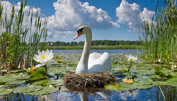 Ai generated, animal, animals, bird, birds, biotope, habitat, a, individual, swims, waters, reeds, water lilies, blue sky, foraging, wildlife, summer, seasons, mute swan (Cygnus olor), broods at the nest