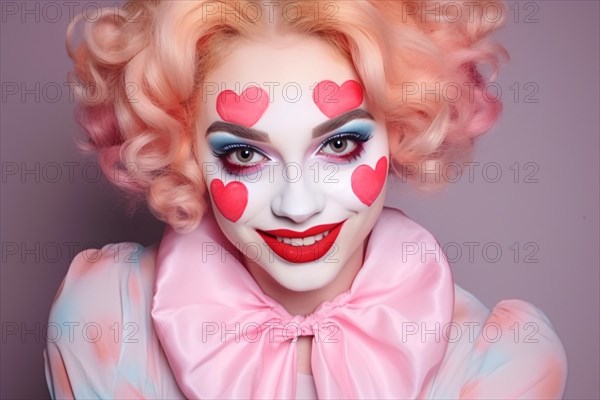Woman with pastel colored clown costume with heart makeup. KI generiert, generiert AI generated