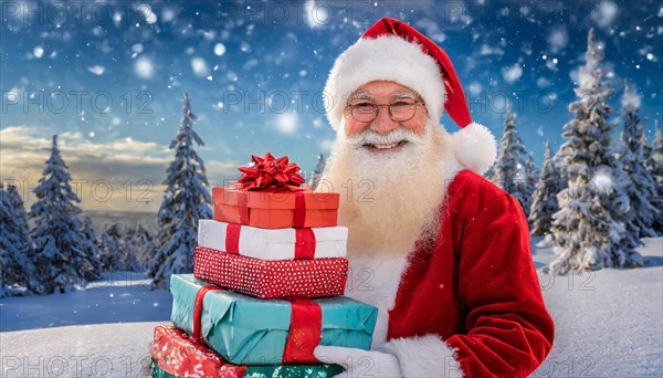 AI generated, man, 70+, Father Christmas, red coat, backpack, full beard, winter, snow, ice, fir trees, snowy, snowflakes, winter landscape, Christmas hat, costume, clothes, colourful, colourful presents, packages, nice teeth, smiles, friendly, Christmas, evening, night shot, winter forest