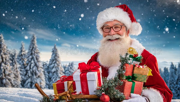 AI generated, man, 70+, Father Christmas, red coat, backpack, full beard, winter, snow, ice, fir trees, snowy, snowflakes, winter landscape, Christmas hat, costume, clothes, colourful, colourful presents, packages, nice teeth, smiles, friendly, Christmas, evening, night shot, winter forest, sleigh