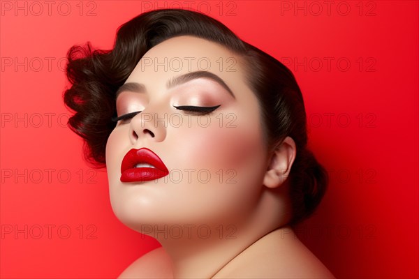 Face of curvy plus size woman with glamourous makeup with red lipstick. KI generiert, generiert AI generated