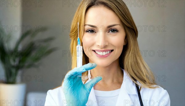 AI generated, RF, woman, woman, doctor, female doctor, 25, 30, years, attractive, attractive, doctor's office, holds a syringe in her hand, disposable syringe, flu shot, corona, pneumococcal, prevention, health, blonde, blonde, beautiful teeth, long hair