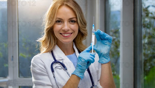 AI generated, RF, woman, woman, doctor, female doctor, 25, 30, years, attractive, attractive, doctor's office, holds a syringe in her hand, disposable syringe, flu shot, corona, pneumococcal, prevention, health, blonde, blonde, beautiful teeth, long hair