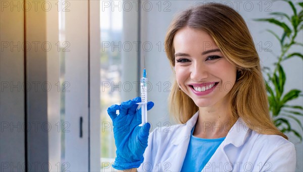 AI generated, RF, woman, woman, doctor, female doctor, 25, 30, years, attractive, attractive, doctor's office, holds a syringe in her hand, disposable syringe, flu shot, corona, pneumococcal, prevention, health, blonde, blonde, beautiful teeth, long hair