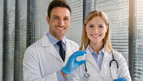 Ai generated, RF, woman, woman, man, men, doctor, female doctor, two, 30-35, years, attractive, attractive, doctor's office, holds a syringe in her hand, disposable syringe, flu shot, corona, pneumococcal, prevention, health, blond, blonde, blonde, beautiful teeth, long hair, two people