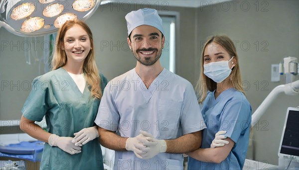 AI generated, RF, woman, woman, man, doctor, doctor team, team, 30, years, attractive, attractive, doctor's office, operating theatre, operating room, examination, prevention, health, blond, blonde, blonde, beautiful teeth, long hair, beard bearer, three people, two. woman, one doctor, AI generated