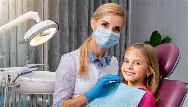 AI generated, dentist treats a little girl, dentist, blonde, 30, 35, years, dental treatment, follow-up, AI generated