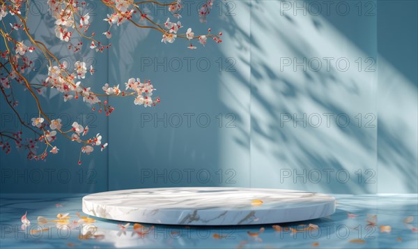 White marble podium with cherry blossom branch on blue background AI generated