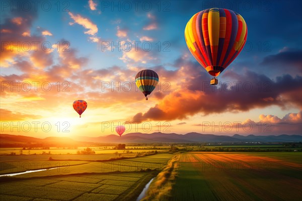 A colorful hot air balloons floats in sky over a blooming field meadow of flowers landscape at sunset with orange and blue skies in the background. Travel journey adventure beauty of nature concept, AI generated