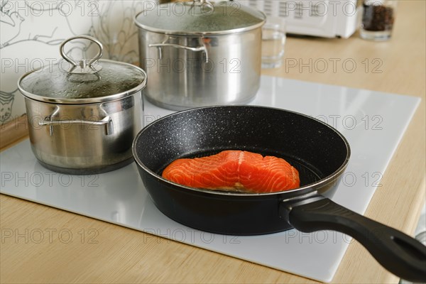 Piece of fresh trout steak in a frying pan on electric stove