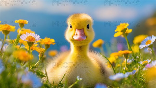 AI generated, animal, animals, bird, birds, biotope, habitat, one, individual, foraging, wildlife, goose, domestic goose, domestic geese, (Anser anser), female, gosling, gosling, yellow gosling, swim, pond, body of water, water, lie, meadow, flowers, summer, two, three, four, pet, domestic animals, farm animal, farm animals