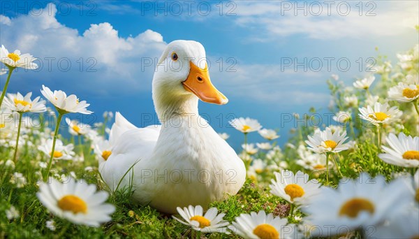 AI generated, animal, animals, bird, birds, biotope, habitat, one, individual, foraging, wildlife, goose, domestic goose, domestic geese, (Anser anser), female, gosling, gosling, yellow gosling, swim, pond, body of water, water, lie, meadow, flowers, summer, two, three, four, pet, domestic animals, farm animal, farm animals