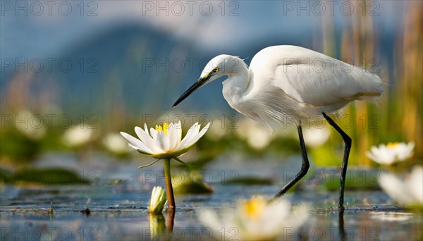 Ai generated, animal, animals, bird, birds, biotope, habitat, a, individual, swims, waters, reeds, water lilies, blue sky, foraging, wildlife, summer, seasons, little egret (Egretta garzetta)